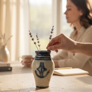 Vintage Salt Glazed Stoneware Vase Cobalt Blue Inset Design Pottery